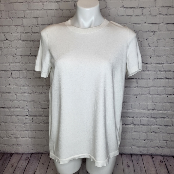 Theory White Short Sleeve Sweater Mixed Materials with Silk Back - Size L - Picture 1 of 9